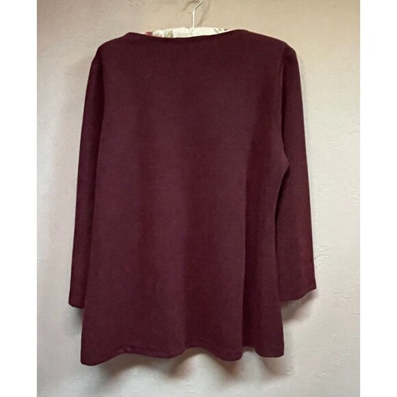 Yushi Womens Loose Fit Tunic Top Button-Detail Long Sleeve Large Maroon Black - Picture 2 of 7